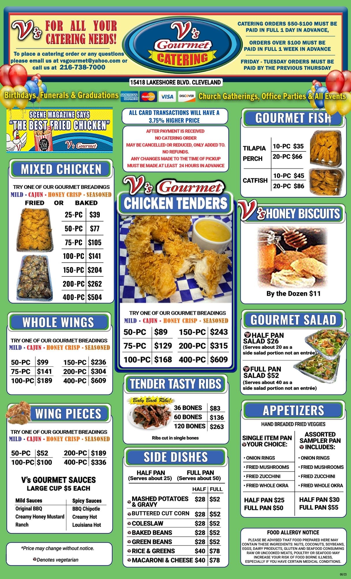 Catering menu as of July 2023.
